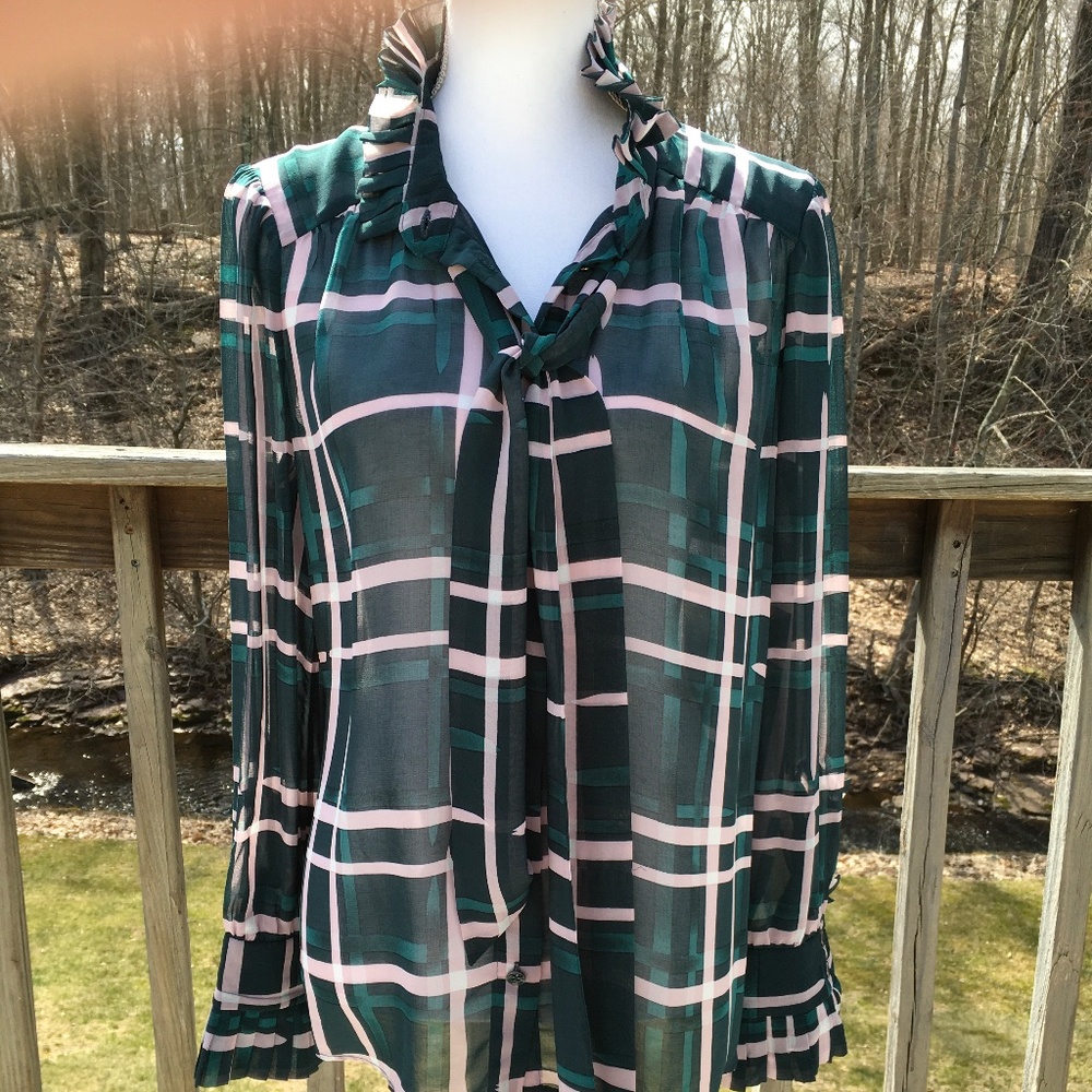 Cabi size M hunter green and rose pink sheer plaid chiffon blouse - Picture 7 of 7
